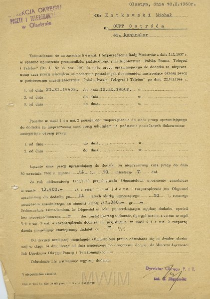 KKE 5574.jpg - Dok. Pismo z Dyrekcji Okręgu Poczt i Telekomunikacji w Olsztynie do Michała Katkowskiego dotyczące dodatku służbowego, Olsztyn, 18 X 1960 r.